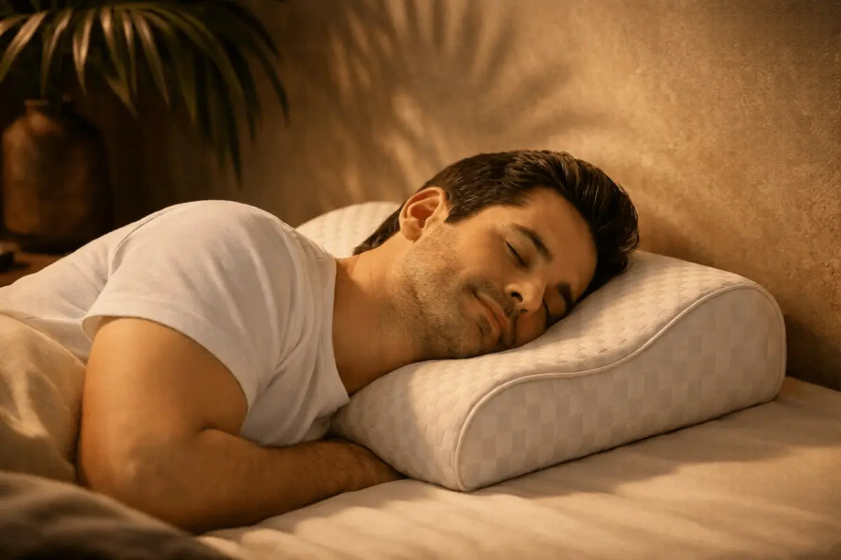 DreamCurve memory foam neck pillow with orthopedic design for neck support and comfort during travel or rest.