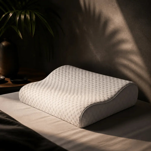 DreamCurve memory foam neck pillow providing orthopedic support for comfortable, ergonomic neck relief.