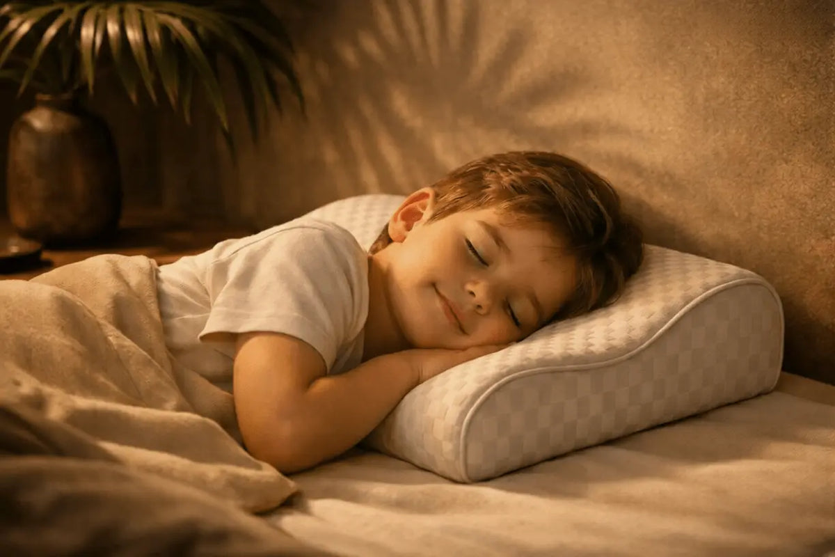Child sleeping with DreamCurve memory foam orthopedic neck pillow providing comfortable neck support for restful sleep